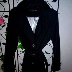Calvin Klein Black Hooded Raincoat,  SIlver Satin Lining, Size Small NWOT